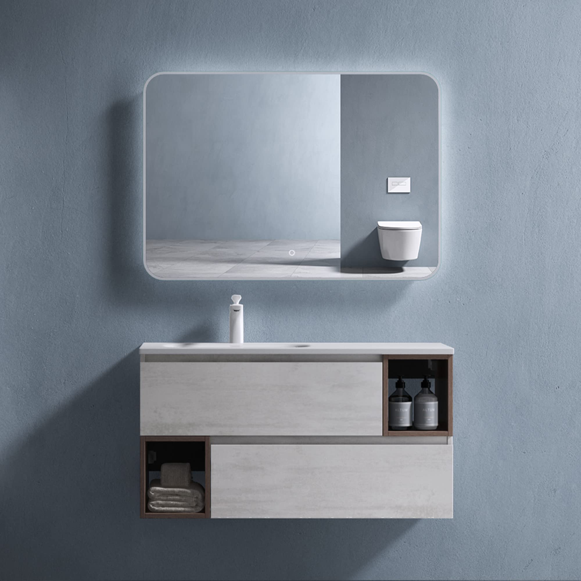 doporro-meuble-salle-de-bain-suspendu-100cm-gris-marron-vasque image 1