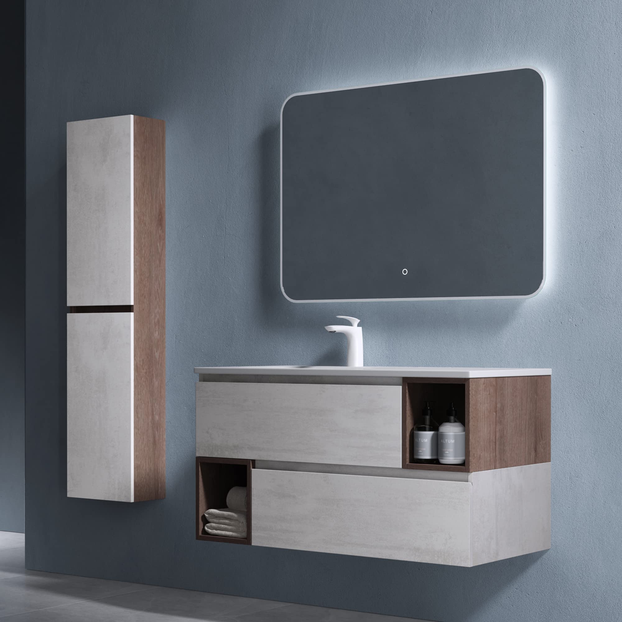 doporro-meuble-salle-de-bain-suspendu-100cm-gris-marron-vasque image 4