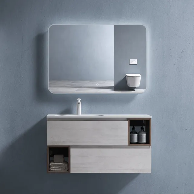 doporro-meuble-salle-de-bain-suspendu-100cm-gris-marron-vasque image 1