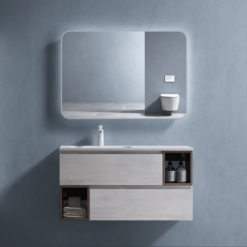 doporro-meuble-salle-de-bain-suspendu-100cm-gris-marron-vasque image 1