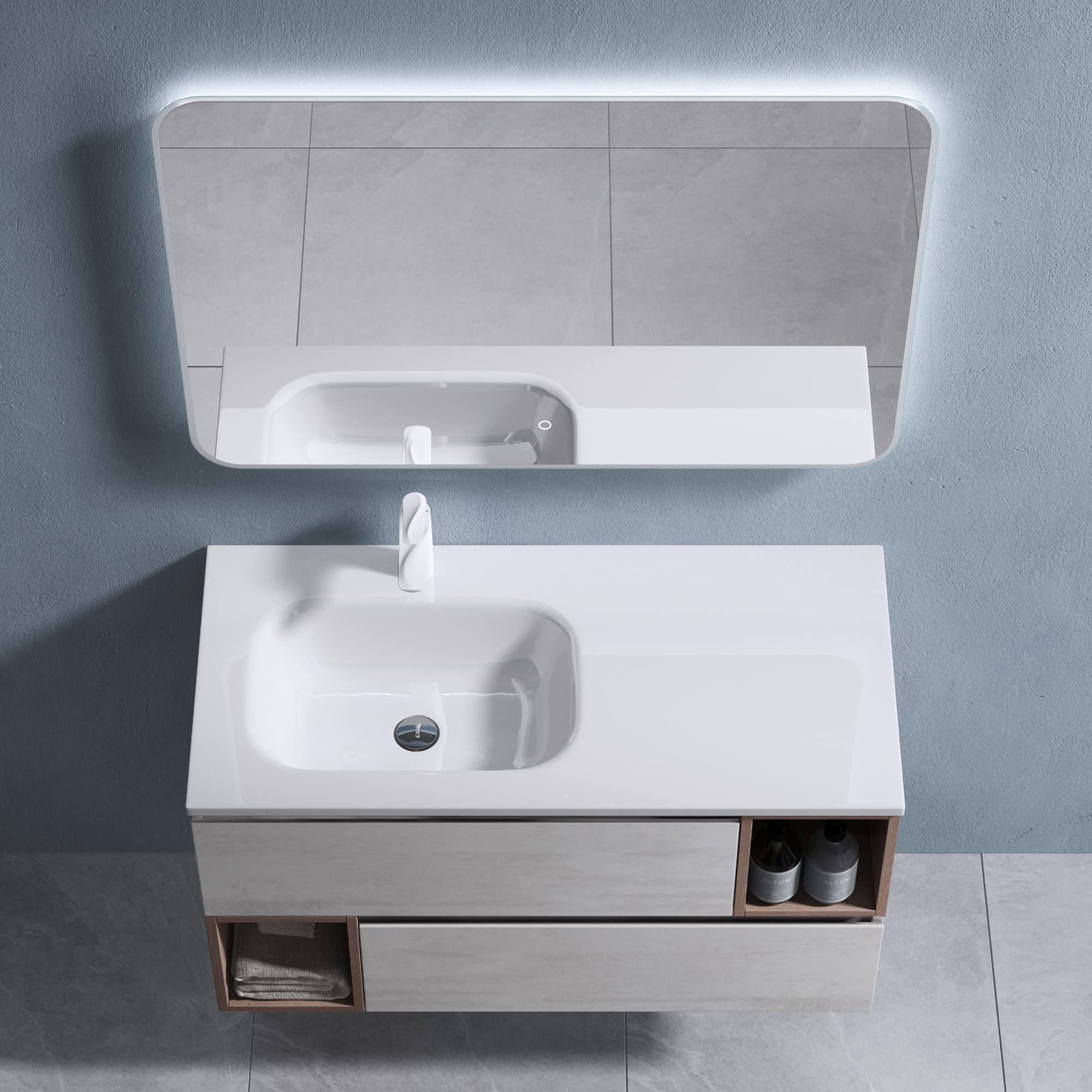 doporro-meuble-salle-de-bain-suspendu-100cm-gris-marron-vasque image 3