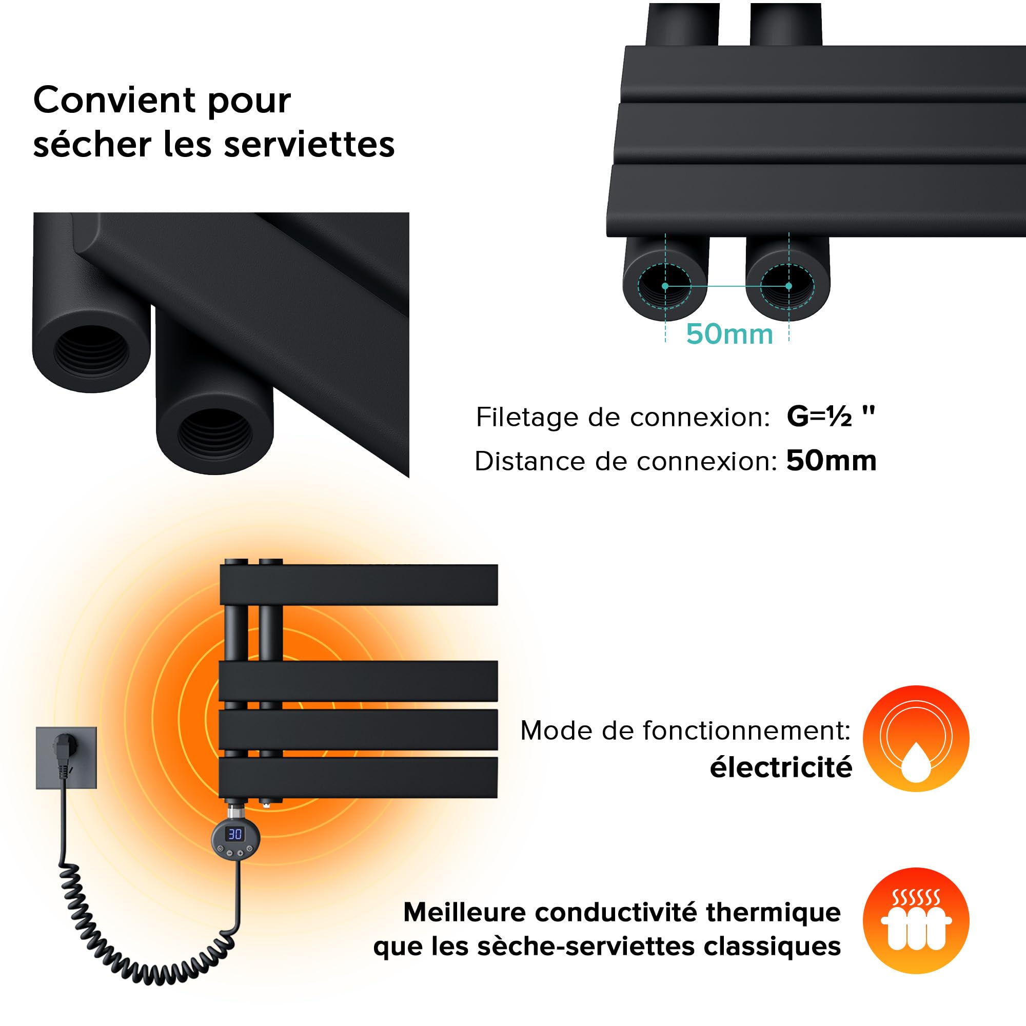 doporro-radiateur-s-che-serviette-eau-chaude-131x40-cm-gris-noir image 5