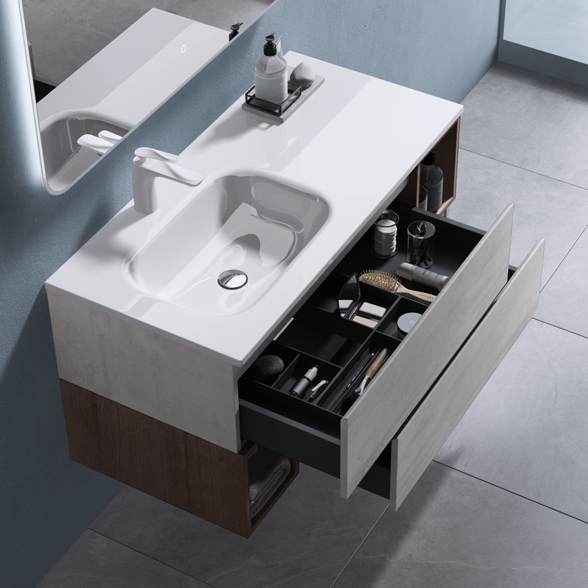doporro-meuble-salle-de-bain-suspendu-100cm-gris-marron-vasque image 5