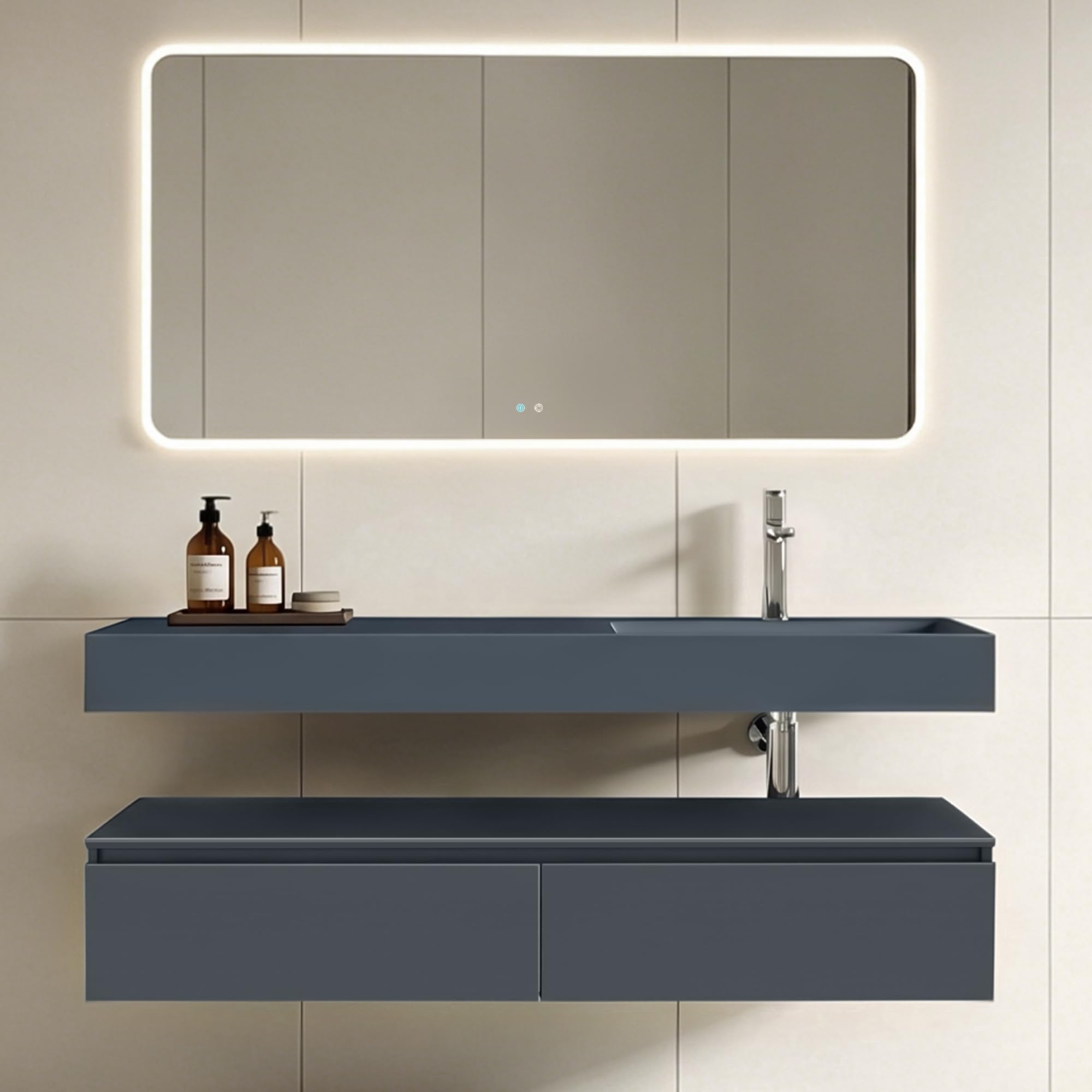 doporro-badm-bel-150cm-meuble-salle-de-bain-gris-noir-mat-avec-miroir image 1