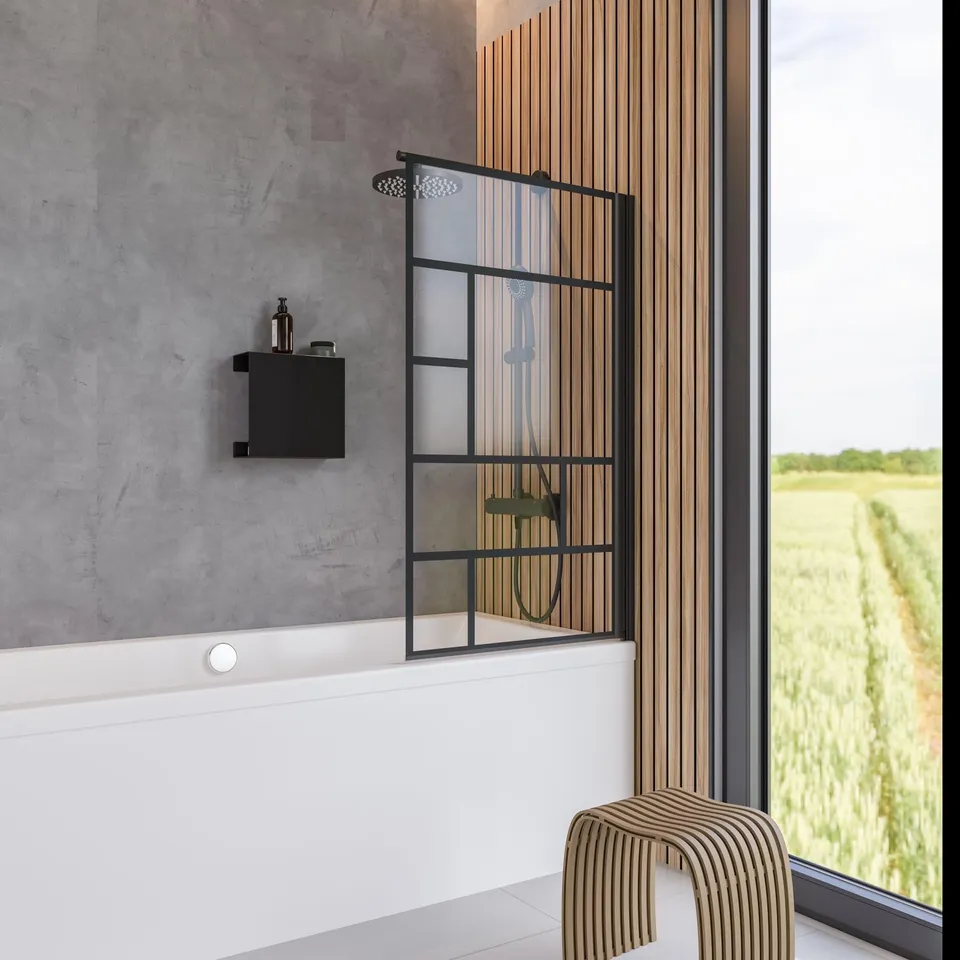 schulte-pare-baignoire-70x130cm-noir-verri-re-5mm-pivotant image 1