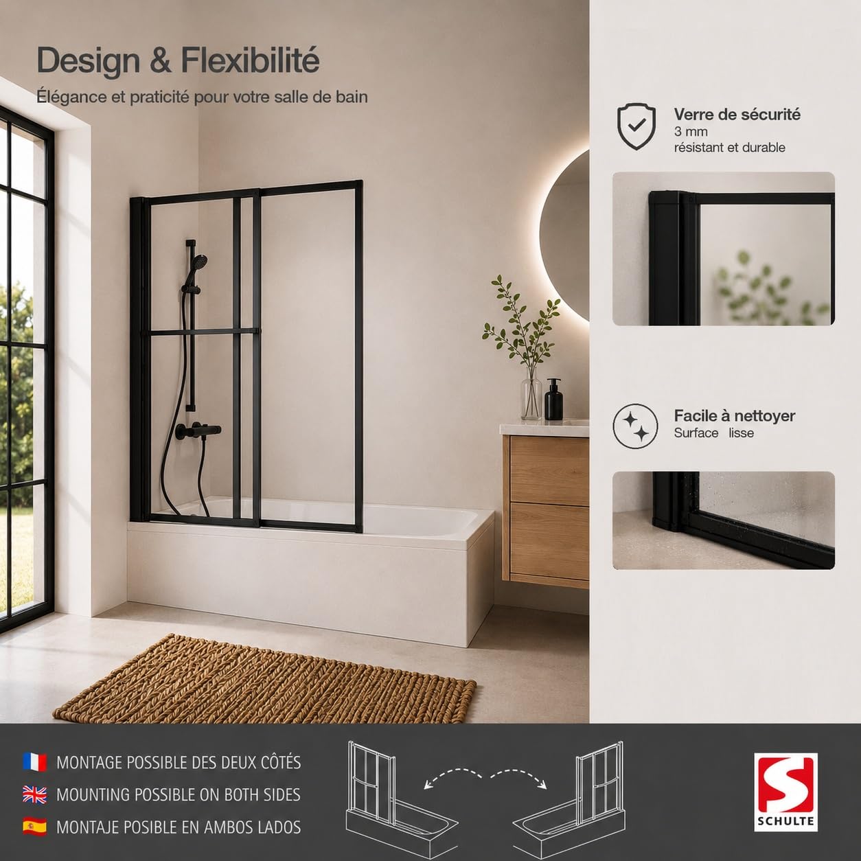 schulte-pare-baignoire-pivotant-noir-2-volets-118x140cm image 3