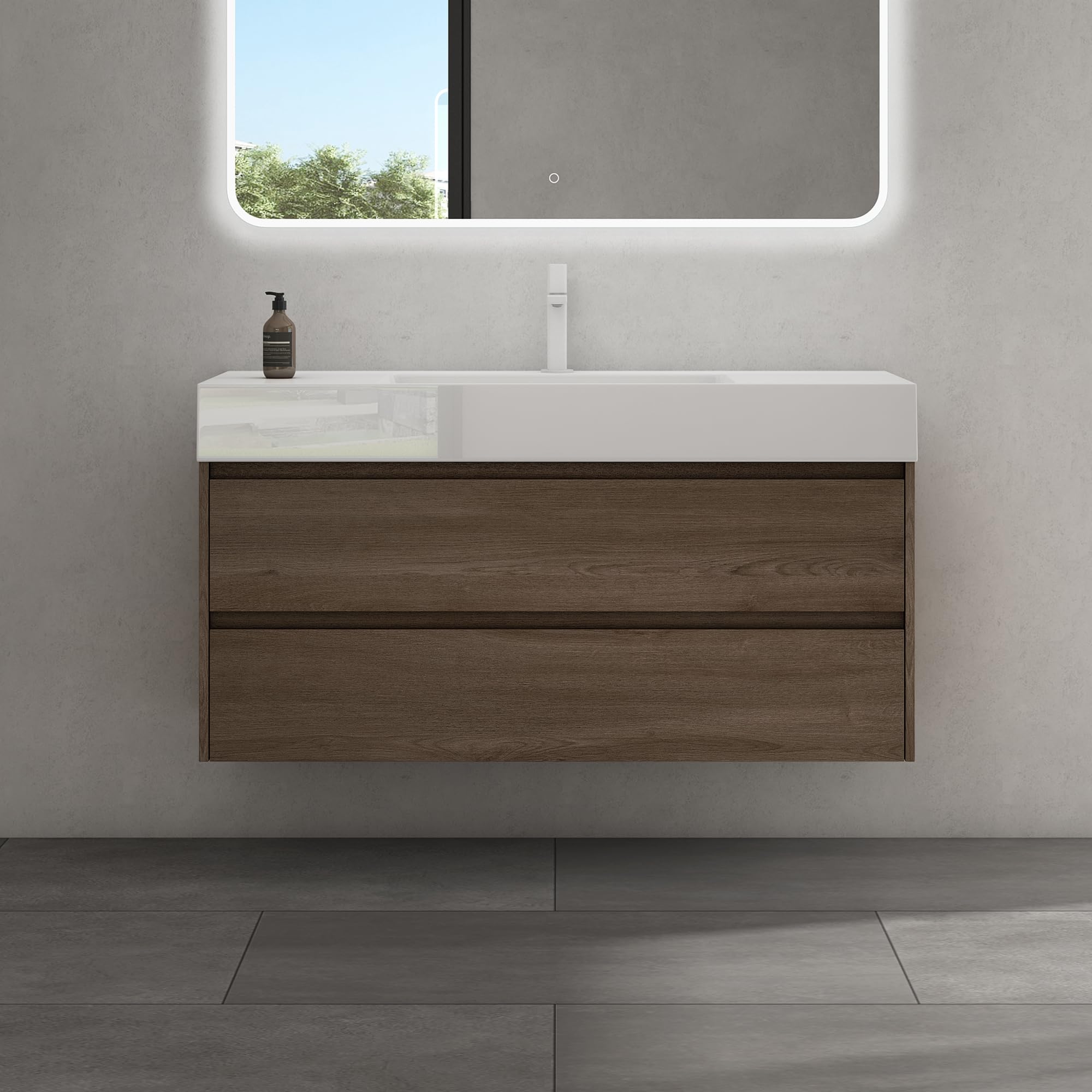 doporro-meuble-salle-de-bain-suspendu-120-cm-marron-miroir image 1