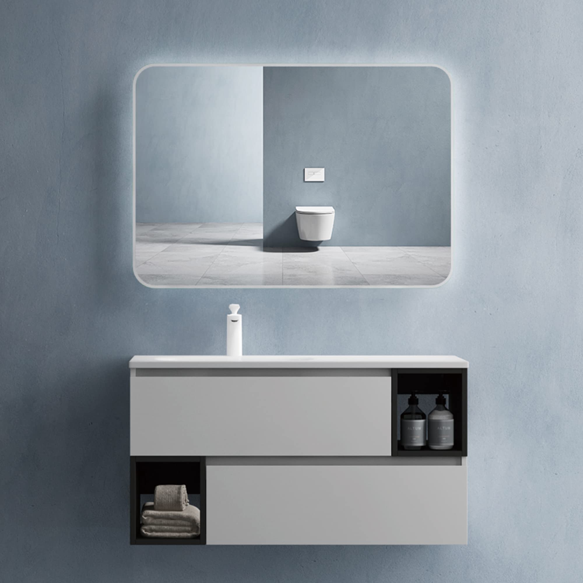 doporro-meuble-salle-de-bain-suspendu-100cm-gris-marron-vasque image 8