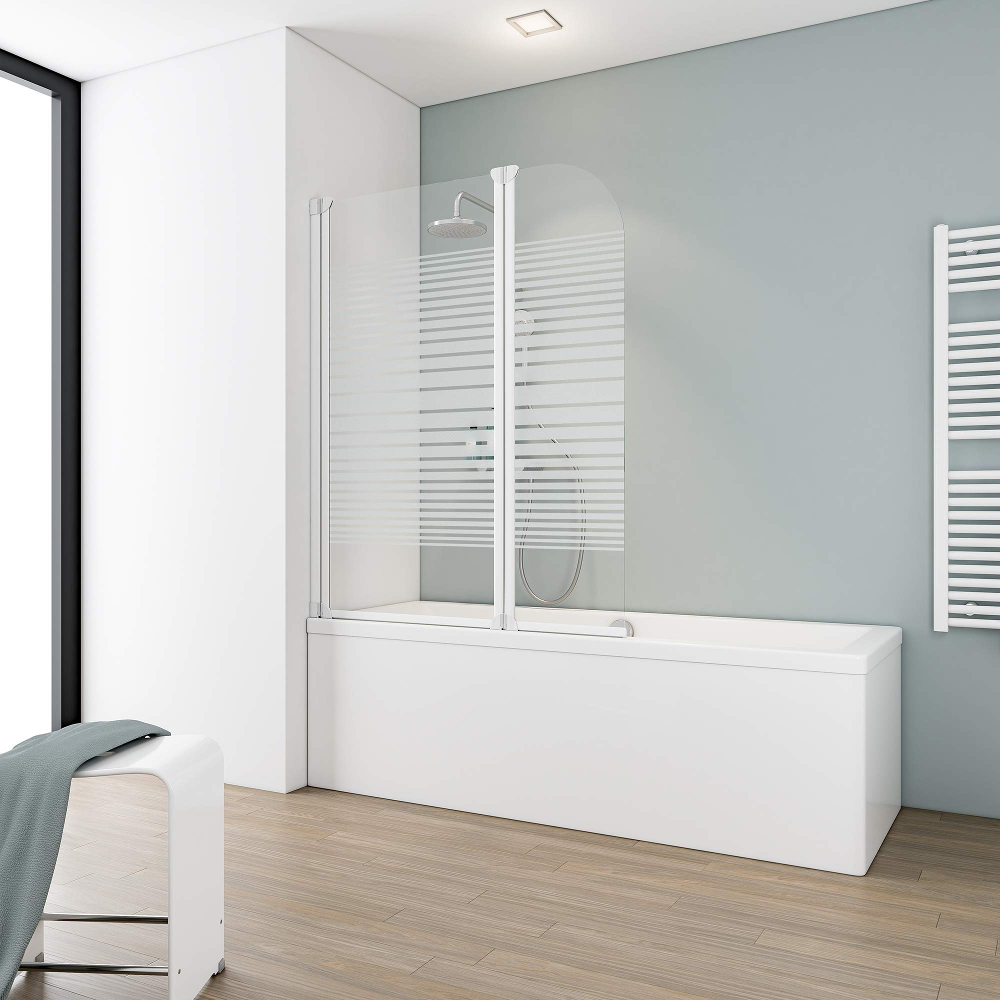 schulte-pare-baignoire-115x140cm-blanc-bandes-2-volets-3mm image 1