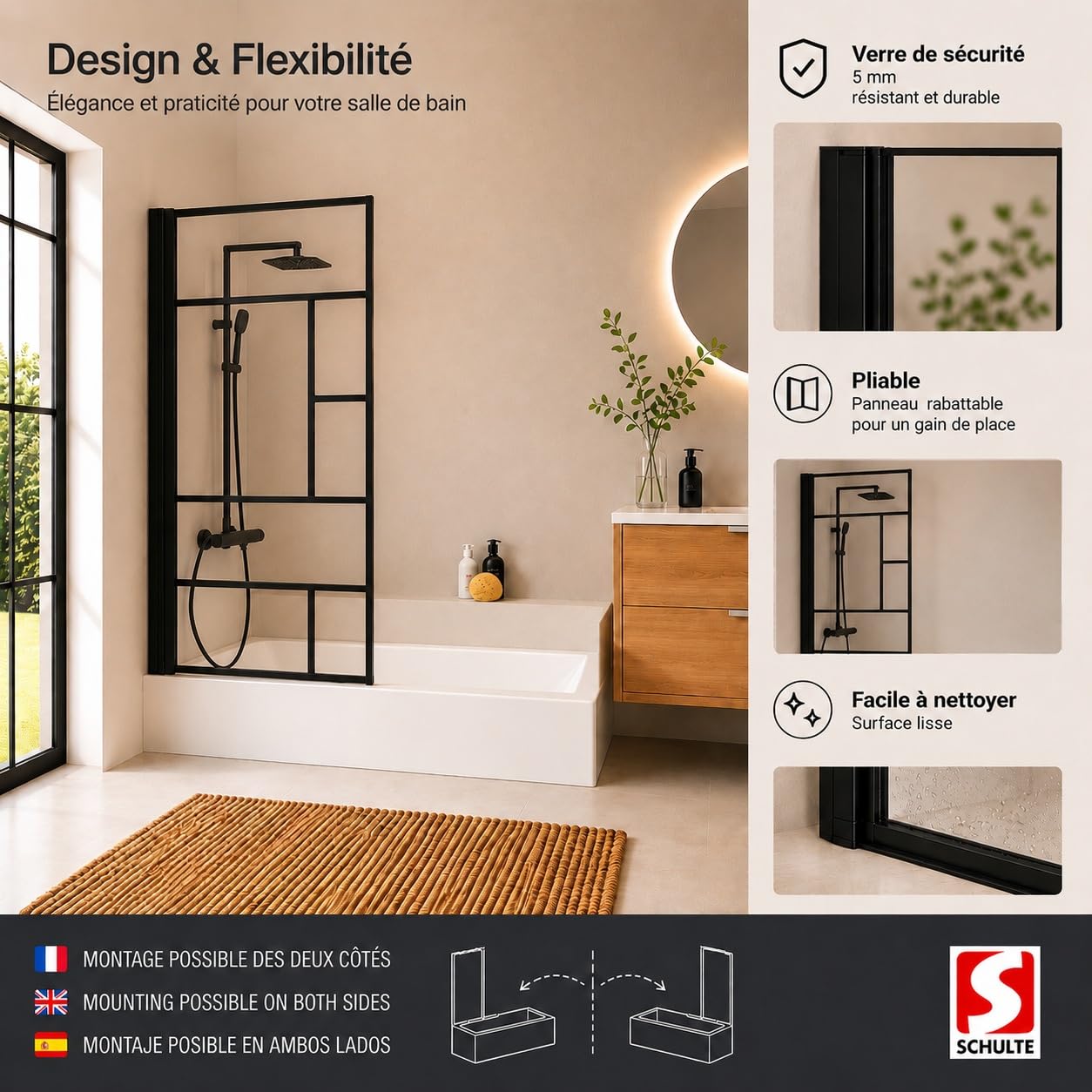 schulte-pare-baignoire-80x140cm-noir-1-volet-verre-5mm image 6