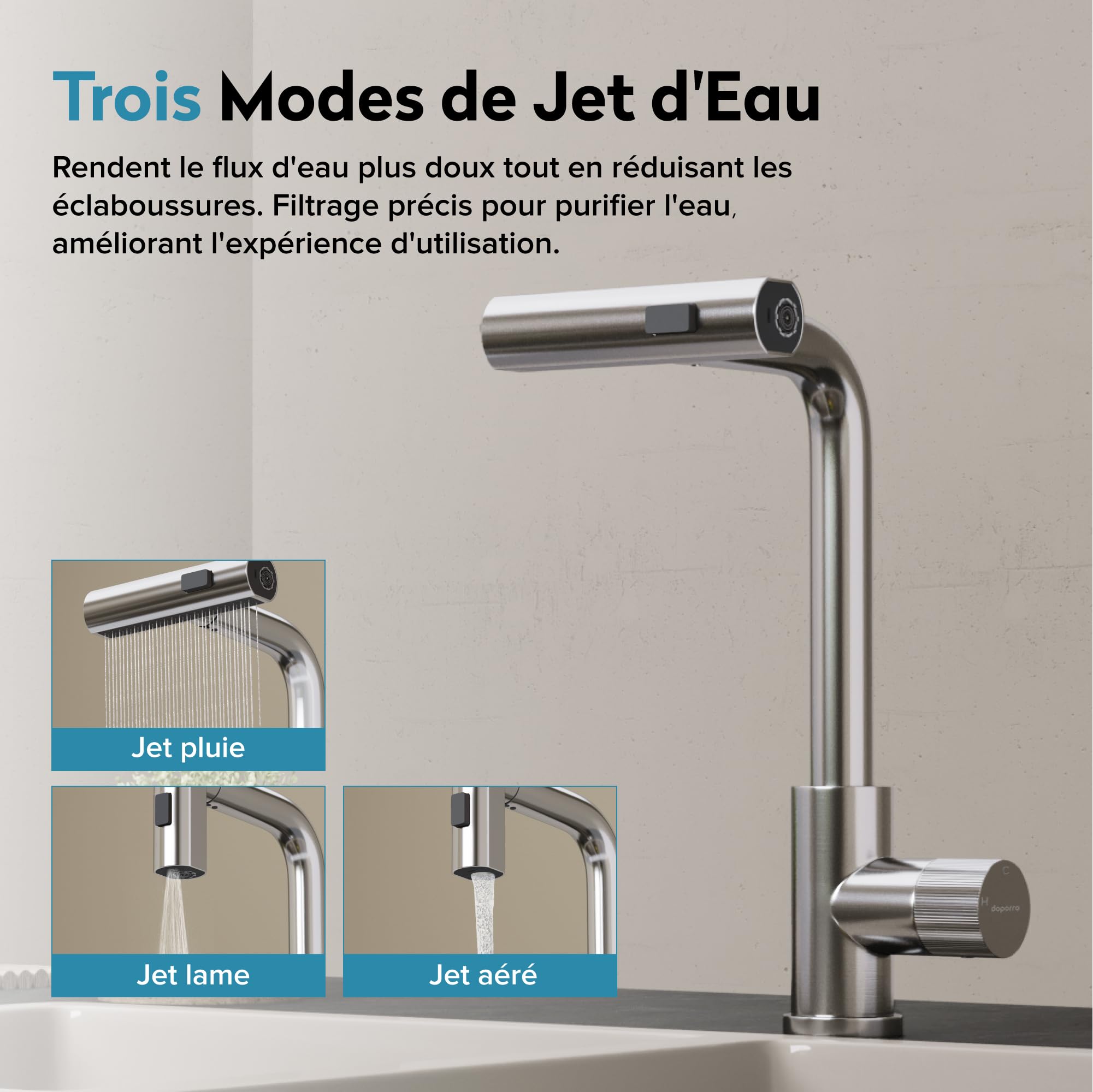 doporro-badarmaturen-robinet-cuisine-extractible-argent-bross-3-jets image 4