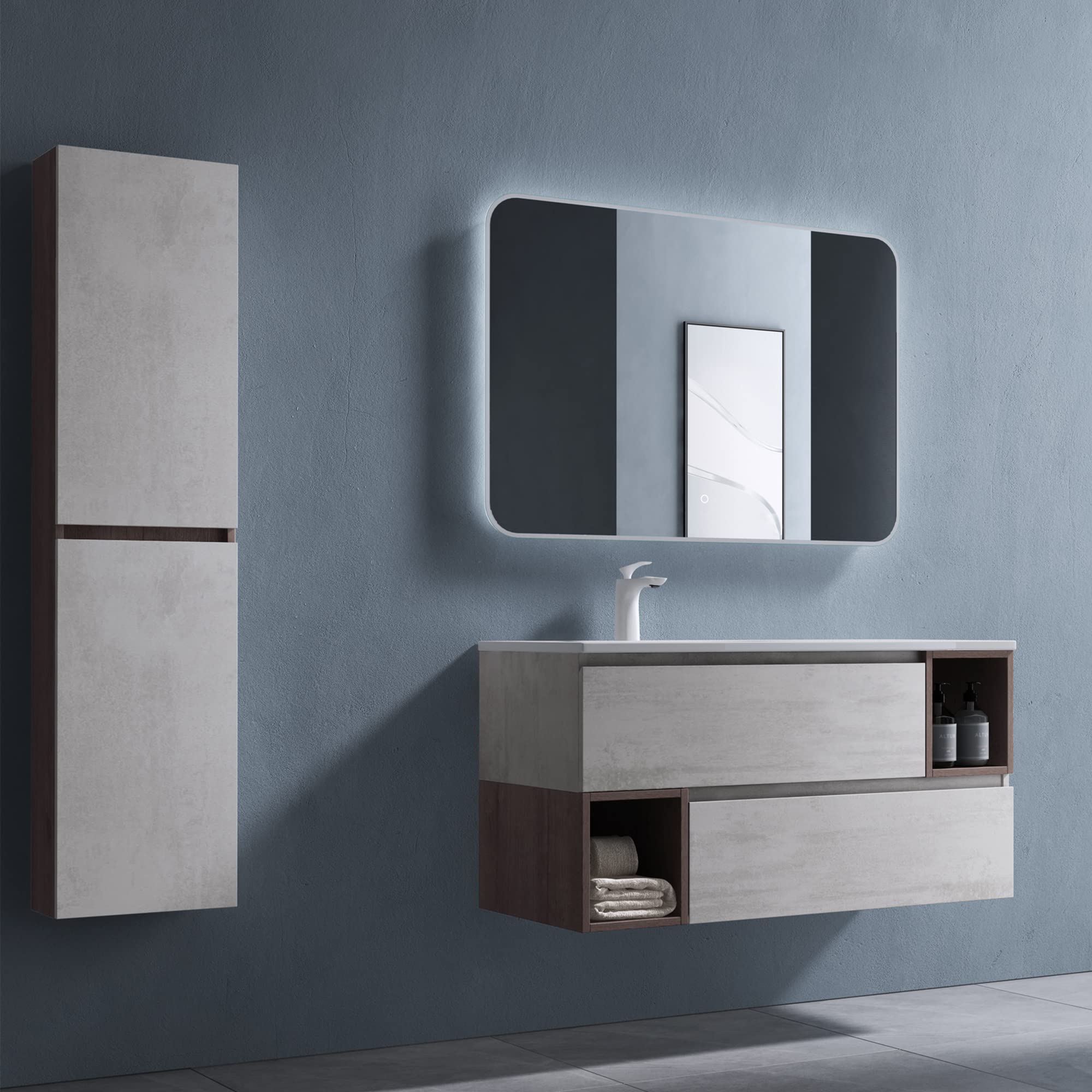 doporro-meuble-salle-de-bain-suspendu-100cm-gris-marron-vasque image 2